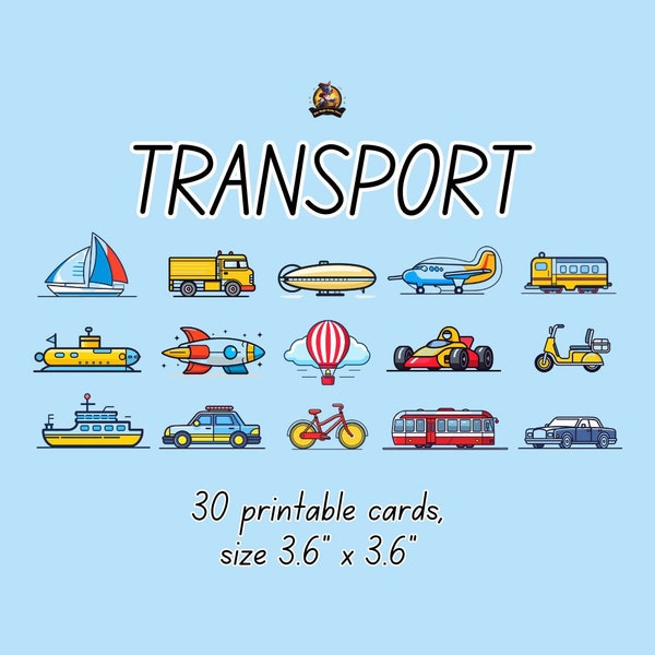 30 Transport Flashcards / Image Cards for Kids, preschoolers. Nomenclature Cards. Printable Activity. Montessori.