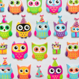 30 stickers hibou pour fête d'anniversaire, autocollants gonflés, lot de 30 autocollants, livraison gratuite, stickers pour fête d'anniversaire sur le thème de la chouette.