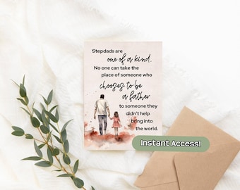 Födelsedagskort för styvpappa, utskrivbart presentkort för styvpappa, uppskattningspresent från dotter, bonuspappa, digital nedladdning, fars dag-firande, steg-för-steg-kort