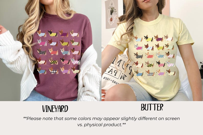 May include: Two t-shirts, one vineyard-colored and one butter-colored, each featuring a repeating pattern of dachshunds wearing various outfits. The vineyard shirt is long-sleeved, while the butter shirt is short-sleeved. The text "VINEYARD" and "BUTTER" are below the shirts.