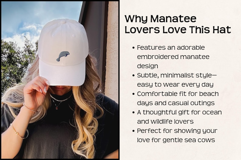 Embroidered Manatee Hat Women Baseball Dad Cap Animal Design Wildlife Headwear Adjustable Strap Sea Accessory Ocean Lover Marine Gift Summer