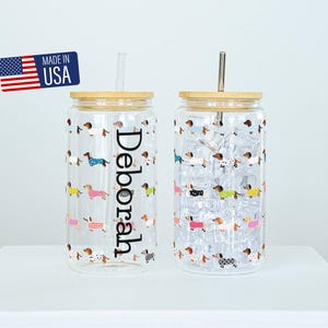 Dachshund Glass Tumbler Bamboo Lid Straw Drink Cup Design Dog Themed Gift Sixteen Ounce Capacity Clear Tempered Glass Construction Tritan Straw Included Colorful Sweater Pattern Multiple Dachshunds Featured BPA Free Material FDA Certified Safe