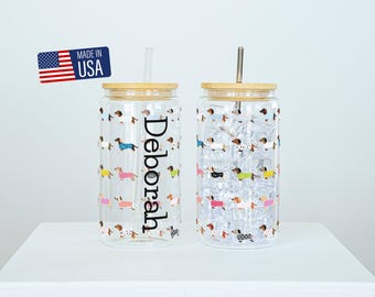 Bonita taza de café con diseño de perro salchicha, taza de cristal con tapa y pajita para mamá perro, taza de café con perro, regalo de perro salchicha para amantes de los perros, taza de regalo de Doxie para perro.