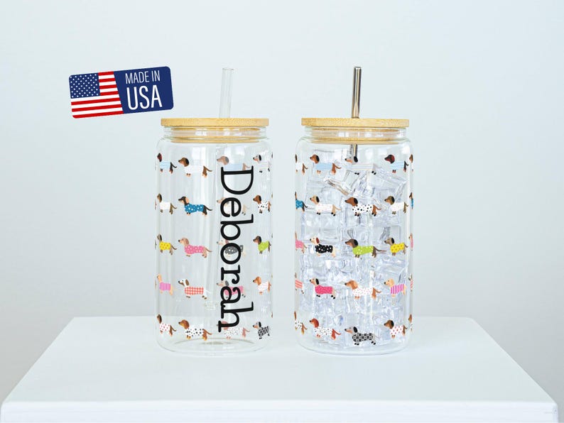 Dachshund Glass Tumbler Bamboo Lid Straw Drink Cup Design Dog Themed Gift Sixteen Ounce Capacity Clear Tempered Glass Construction Tritan Straw Included Colorful Sweater Pattern Multiple Dachshunds Featured BPA Free Material FDA Certified Safe