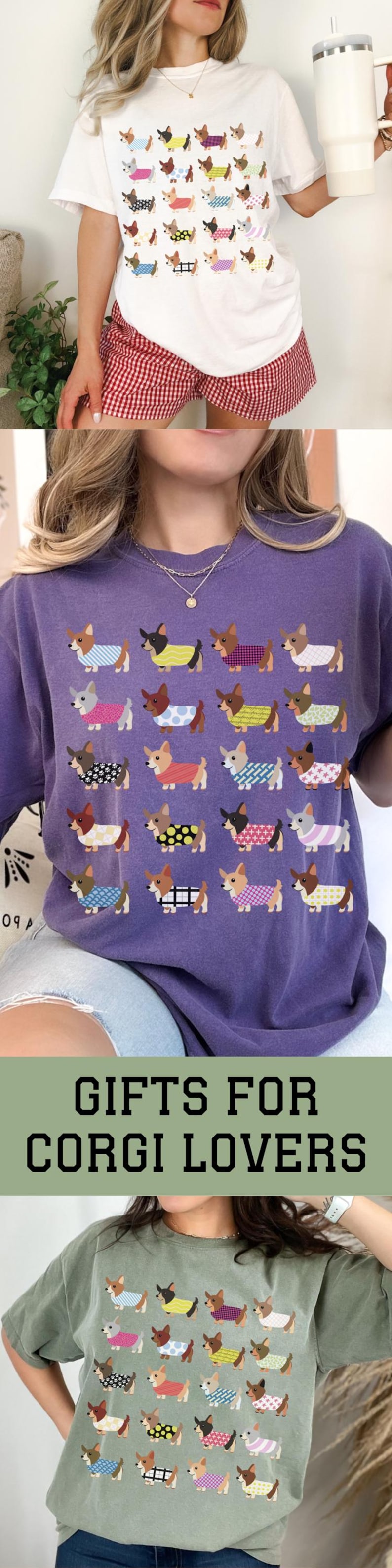 May include: White, purple, and green t-shirts featuring a repeating pattern of corgi dogs wearing various outfits. The shirts have the text "GIFTS FOR CORGI LOVERS" at the bottom. The corgis are wearing sweaters with patterns like stripes, polka dots, and plaid.