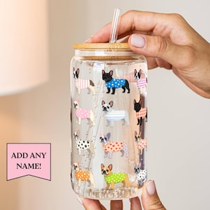 フレンチブルドッグコーヒーカップ アイスコーヒー ガラスタンブラー 蓋付き カスタムカップ パーソナライズされた犬のママへのギフト フレンチブルドッグタンブラー ガラスマグ カスタマイズ可能な犬