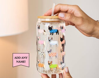 Fransk bulldogg kaffekopp iskaffe glasmugg lock anpassad kopp personlig hund mamma present fransk bulldogg glasmugg anpassningsbar hund
