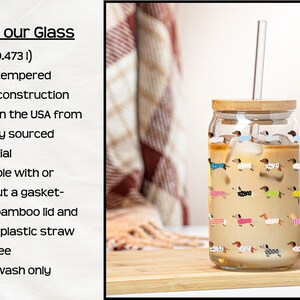 Dachshund Glass Tumbler Multiple Angles Dog Themed Drinkware Clear Tempered Glass Sixteen Ounce Capacity Colorful Sweater Dachshund Design BPA Free