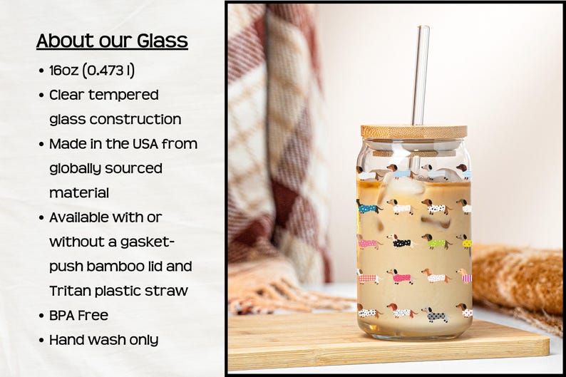 Dachshund Glass Tumbler Multiple Angles Dog Themed Drinkware Clear Tempered Glass Sixteen Ounce Capacity Colorful Sweater Dachshund Design BPA Free