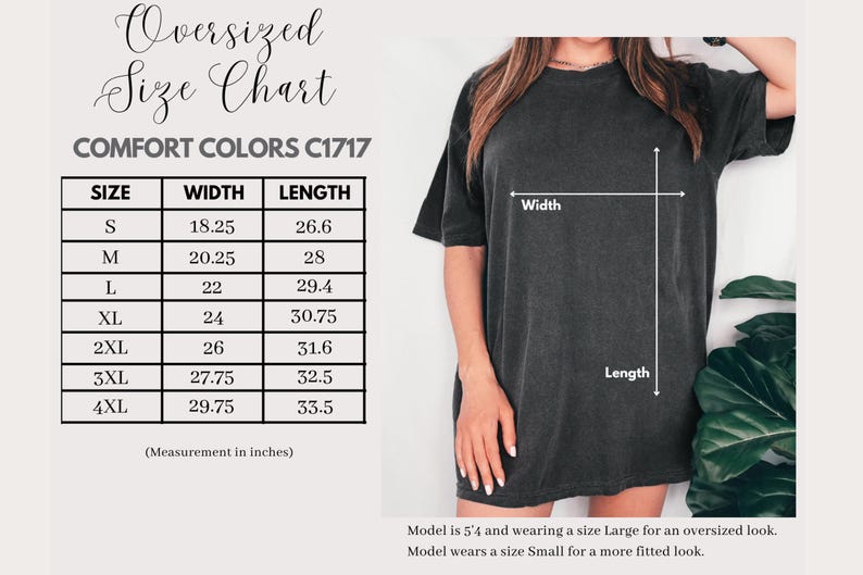 May include: A dark gray oversized t-shirt with a size chart. The chart shows measurements in inches for sizes S to 4XL. The model is wearing a size Large for an oversized fit.