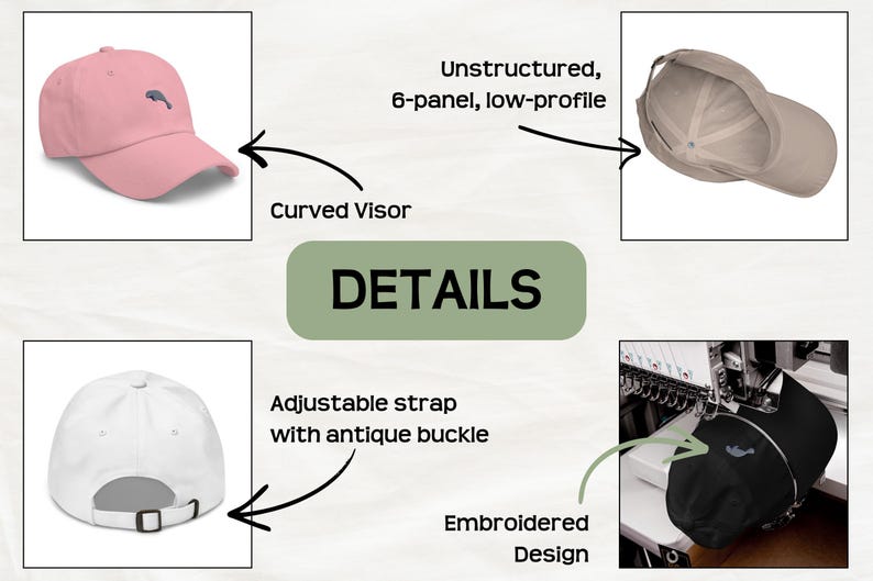 Gorra de béisbol bordada con diseño de manatí para mujer, gorra de papá, diseño de animales, accesorio para la cabeza con correa ajustable, accesorio marino para amantes del océano, regalo marino de verano imagen 12