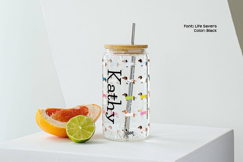 Dachshund Glass Tumbler Iced Coffee Drink Cup Dog Themed Gift Bamboo Lid Straw Sixteen Ounce Clear Tempered Glass Sweater Wearing Dachshunds Pattern