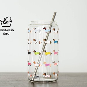 Dachshund Glass Tumbler Top View Bamboo Lid Tritan Straw Reusable Drink Cup Dog Lover Gift Clear Tempered Glass Sixteen Ounce BPA Free Safe Materials