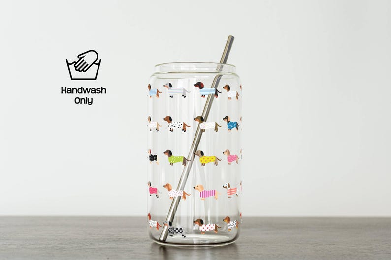 Dachshund Glass Tumbler Top View Bamboo Lid Tritan Straw Reusable Drink Cup Dog Lover Gift Clear Tempered Glass Sixteen Ounce BPA Free Safe Materials