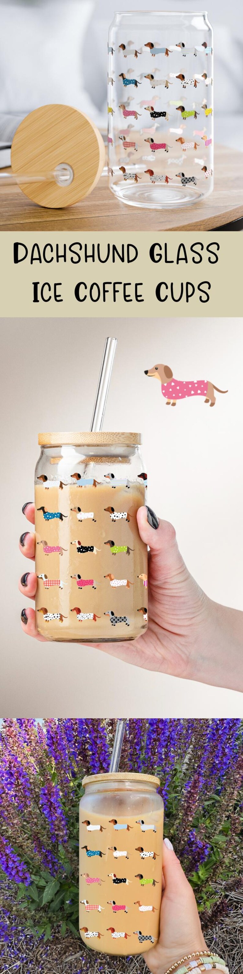 Cute Dachshund Coffee Mug Dog Mom Glass Cup with Lid and Straw Cup with Dog Coffee Cup Glass Dachshund Gift for Dog Lover Cup Doxie Gift Dog