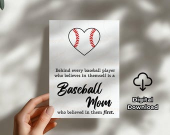 Mall för basebollmamma, mors dag-kort, digital nedladdning, utskrivbart födelsedagskort, basebollmamma, presentidé för seniorkväll, basebollpresent
