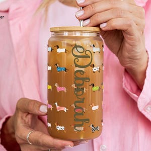 Dachshund Glass Can Tumbler Dog Lover Gift Clear Tempered Glass Sixteen Ounce Size Bamboo Lid Tritan Straw Included Colorful Sweater Wearing Dachshunds Design