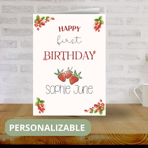Karta urodzinowa Berry First Birthday Card do pobrania w wersji cyfrowej Karta urodzinowa dla dziecka Karta urodzinowa Berry First Birthday Card Karta urodzinowa Truskawka Canva Template Card