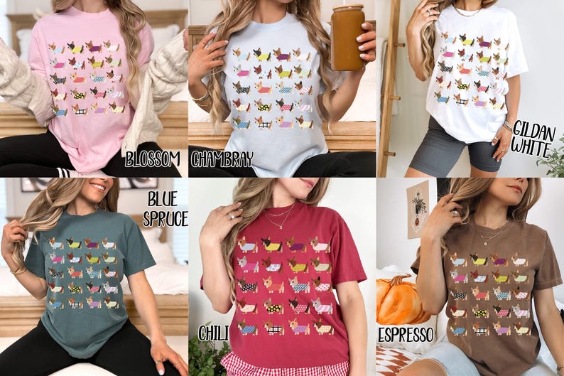 May include: A collection of t-shirts in various colors, each featuring a repeating pattern of dachshund dogs in different outfits. Colors include pink, blue, white, green, red, and brown. The text on the shirts reads "Blossom", "Chambray", "Gildan White", "Blue Spruce", "Chili", and "Espresso".