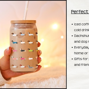 Wiener Dog Glass Tumbler Dog Themed Kitchen Drinkware Bamboo Lid Straw Included Sixteen Ounce Capacity Clear Tempered Glass Cute Dachshund Sweater Pattern FDA Certified BPA Free
