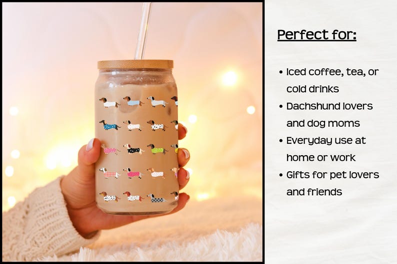Wiener Dog Glass Tumbler Dog Themed Kitchen Drinkware Bamboo Lid Straw Included Sixteen Ounce Capacity Clear Tempered Glass Cute Dachshund Sweater Pattern FDA Certified BPA Free