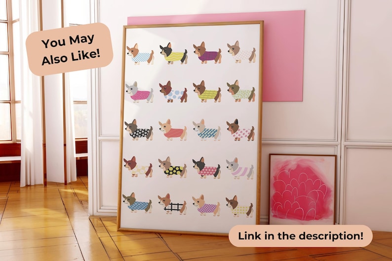 Może przedstawiać: Biały plakat z siatką 20 kolorowych ilustracji korgis w r&oacute;żnych wzorzystych strojach. Plakat zawiera tekst "You May Also Like!" u g&oacute;ry i "Link in the description!" na dole.