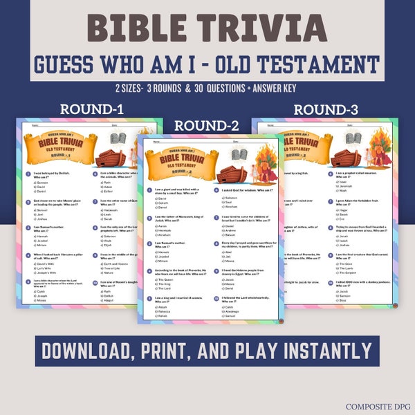 Bible Trivia Who Am I Old Testament Game Printable I Total 3 Rounds I Bible Quiz I Church Activity For Adults, Kids I Instant Download I PDF