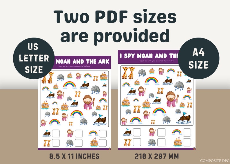 May include: Two printable PDF files of a "I Spy Noah and the Ark" activity sheet. The sheet features a colorful illustration of Noah, animals, and the ark. The sheet is available in US Letter (8.5 x 11 inches) and A4 (210 x 297 mm) sizes.