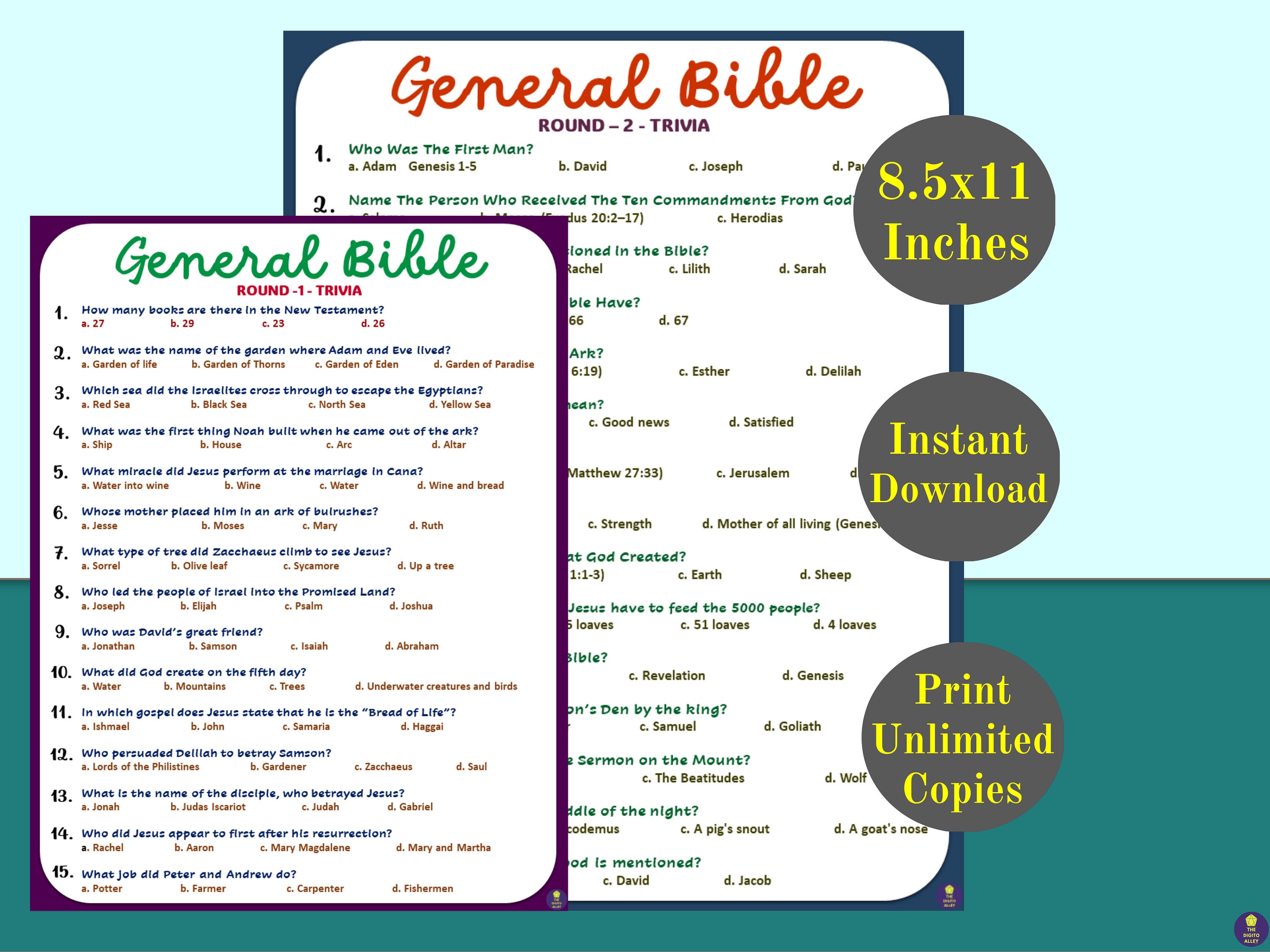 General Bible Round 1 &amp; 2 Trivia Printable Game I Bible Study Activity ...