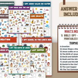May include: A set of 10 printable Bible I Spy activity sheets featuring various scenes from the Bible, including Noah's Ark, Jesus walking on water, and the Last Supper. The sheets are designed for children to count and write the answers in the boxes provided. An answer key is included.