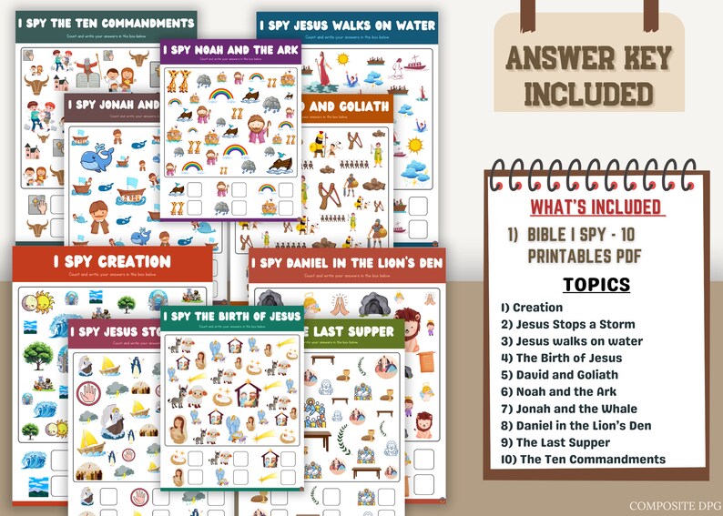 May include: A set of 10 printable Bible I Spy activity sheets featuring various scenes from the Bible, including Noah's Ark, Jesus walking on water, and the Last Supper. The sheets are designed for children to count and write the answers in the boxes provided. An answer key is included.