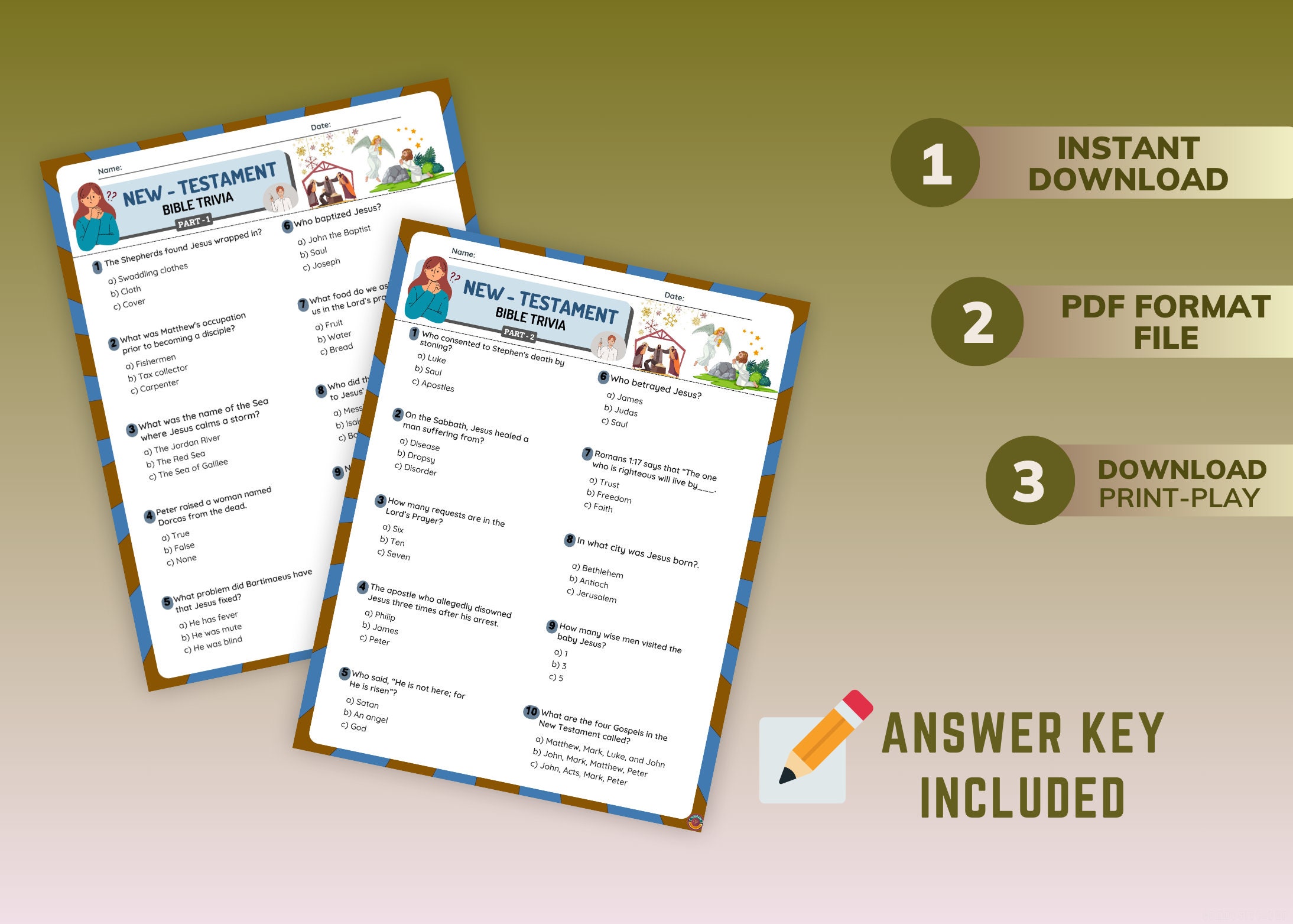 New Testament Bible Trivia Game Printable I Part-1 &amp; 2 I Bible Quiz I ...