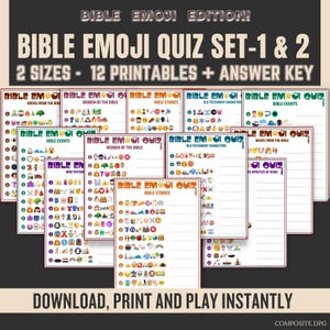 Op de afbeelding: Een set van 12 printbare Bijbel Emoji Quiz-vellen in twee formaten. De quizvellen bevatten een verscheidenheid aan emoji's die betrekking hebben op Bijbelse verhalen, personages en gebeurtenissen. De tekst op de vellen luidt "Bible Emoji Quiz Set-1 & 2, 2 Sizes - 12 Printables + Answer Key".