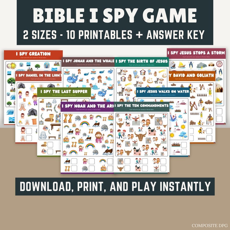 May include: A set of ten printable Bible I Spy game cards featuring various scenes from the Bible. Each card has a title, such as "I Spy Creation" or "I Spy Noah and the Ark", and a grid of colorful illustrations. The cards are designed for children to play a game of I Spy, where they count and identify specific objects within the illustrations.