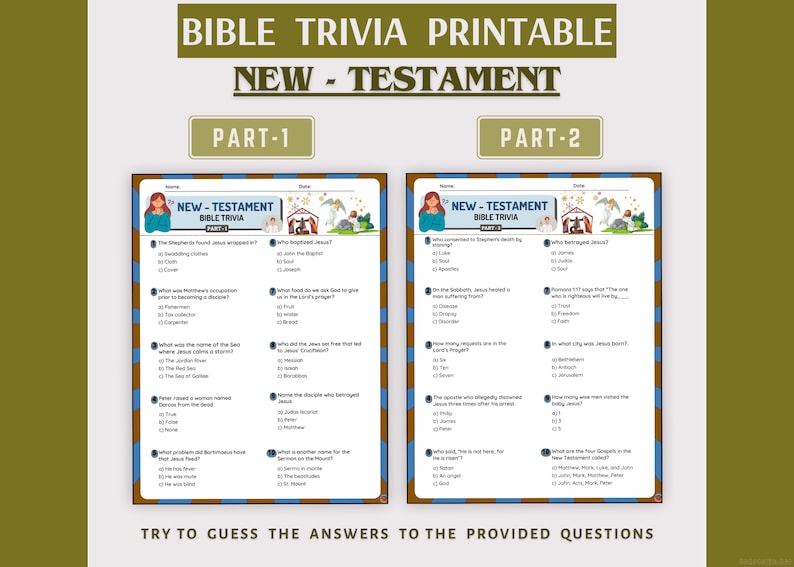 New Testament Bible Trivia Game Printable I Part-1 &amp; 2 I Bible Quiz I ...