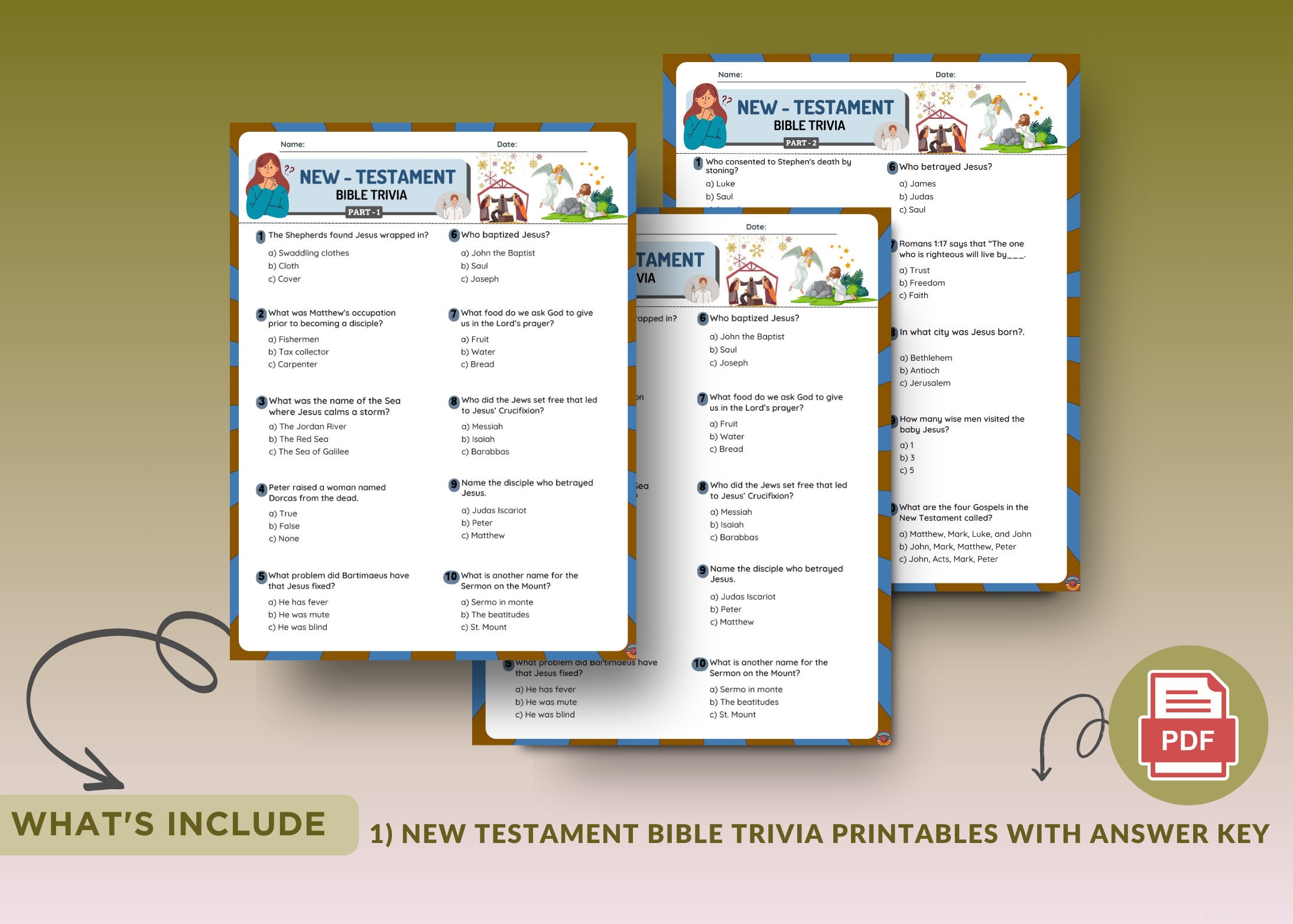 New Testament Bible Trivia Game Printable I Part-1 &amp; 2 I Bible Quiz I ...