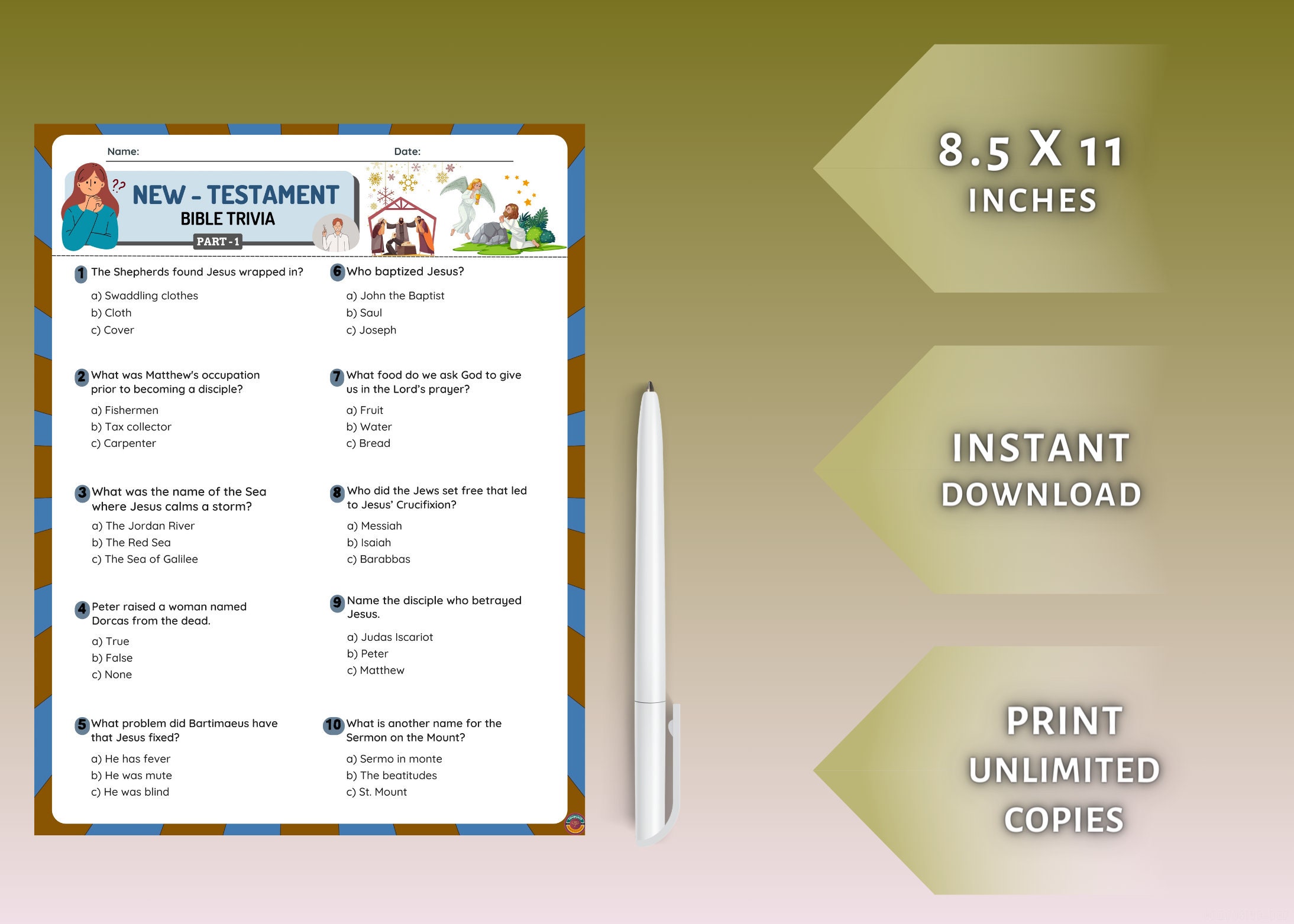 New Testament Bible Trivia Game Printable I Part-1 &amp; 2 I Bible Quiz I ...
