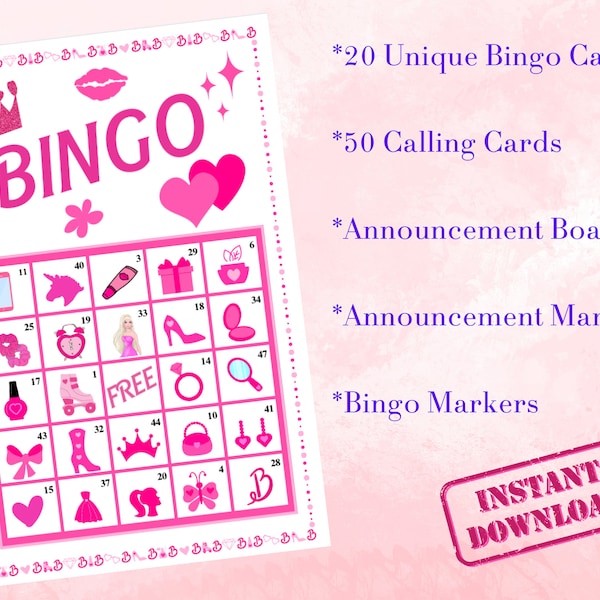 Printable Princess Bingo, Instant Download Bingo Game, Barbie Bingo Cards, Bingo Game, Barbie Party Game, Pink Bingo, Kid Party Game