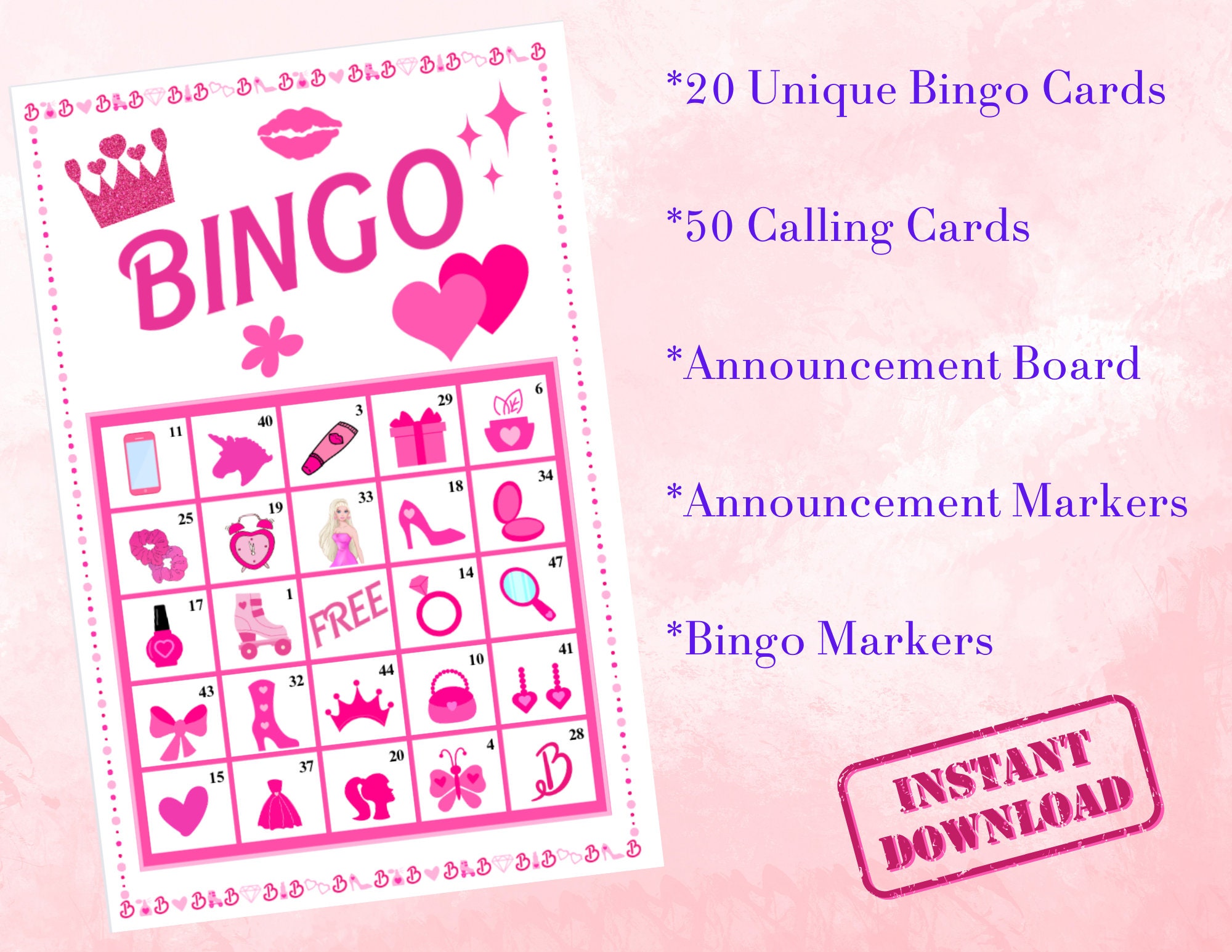 Bingo principessa stampabile, gioco del bingo con download immediato, carte del bingo di Barbie, gioco del bingo, gioco per feste di Barbie, bingo rosa, gioco per feste per bambini