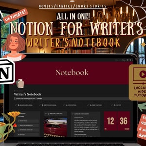 May include: A laptop screen displaying a Notion workspace titled "Writer's Notebook". The workspace is organized into sections for reading, writing, and other tasks. The screen is surrounded by a whimsical illustration of a coffee cup, a typewriter, and a spider web.