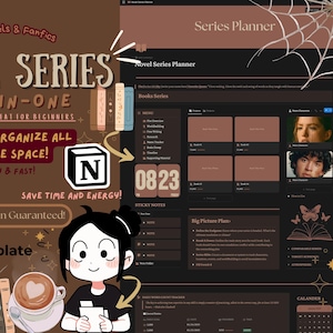 Peut inclure: Un modèle de planificateur numérique pour séries de romans, avec un schéma de couleurs brun et noir. Le modèle comprend des sections pour la planification, l'organisation et le suivi de l'avancement d'une série de romans. Le modèle est conçu pour être utilisé avec l'application Notion. L'image comprend également une illustration de dessin animé d'une personne travaillant sur un ordinateur portable.