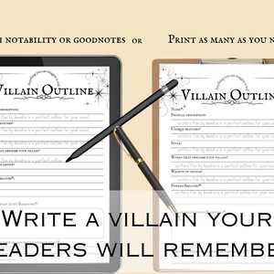 以下が含まれることがあります： 星形の黒と白のデザインで「VILLAIN OUTLINE」というテキストが書かれた、印刷可能な悪役アウトラインテンプレート。テンプレートには、悪役の名前、身体的特徴、ユニークな特徴、スタイル、悪役を説明する言葉、武器の選択、力/能力、悪役の起源/バックストーリーのセクションが含まれています。「WRITE A VILLAIN YOUR READERS WILL REMEMBER」というテキストは、テンプレートの下部にあります。