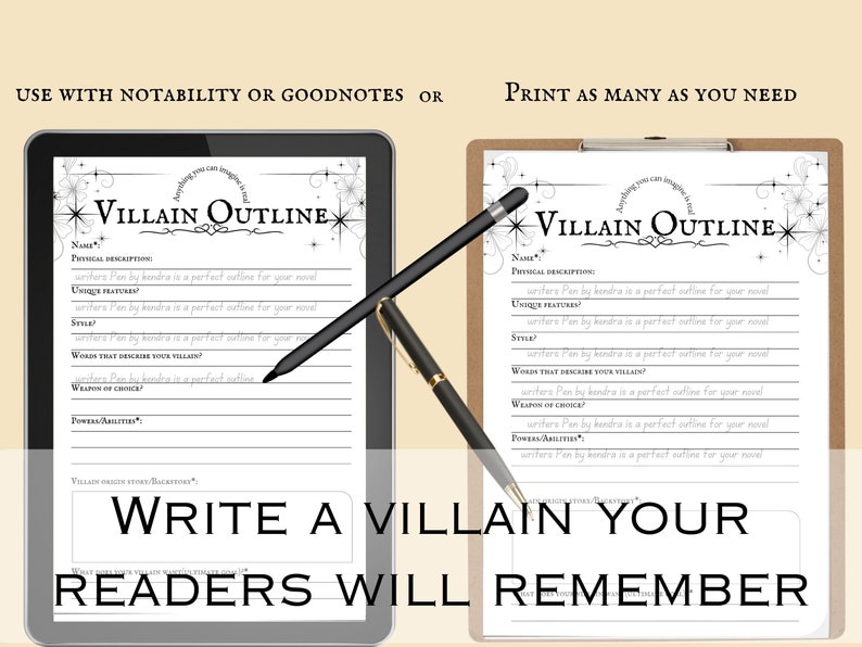 以下が含まれることがあります： 星形の黒と白のデザインで「VILLAIN OUTLINE」というテキストが書かれた、印刷可能な悪役アウトラインテンプレート。テンプレートには、悪役の名前、身体的特徴、ユニークな特徴、スタイル、悪役を説明する言葉、武器の選択、力/能力、悪役の起源/バックストーリーのセクションが含まれています。「WRITE A VILLAIN YOUR READERS WILL REMEMBER」というテキストは、テンプレートの下部にあります。