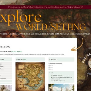 May include: A digital template for worldbuilding featuring the text Explore World/Setting, This story takes place in, Worldbuilding, Map of, and To-Do. The layout includes sections for setting, gods, history, characters, magic, and a map illustration.