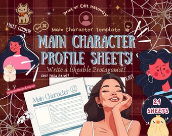 主人公のワークシート|| キャラクターワークブック、デジタルまたは印刷可能なライティングプランナー、小説テンプレート、ストーリー、作家