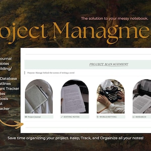 May include: A digital project management template for writers featuring a list of included tools like a project journal, editing notes, and research database. The interface displays arched image previews for sections such as world building and outlines.