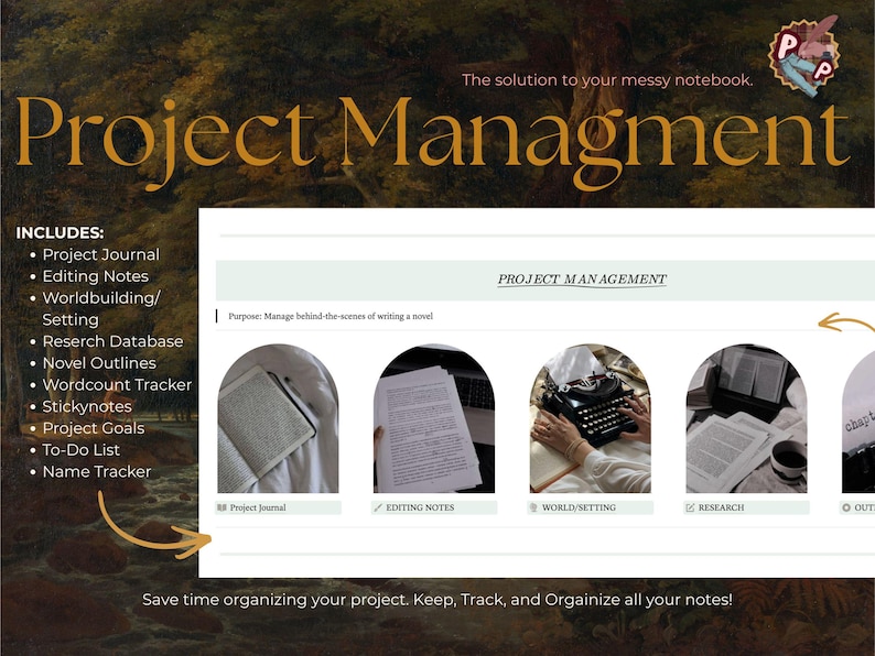 May include: A digital project management template for writers featuring a list of included tools like a project journal, editing notes, and research database. The interface displays arched image previews for sections such as world building and outlines.