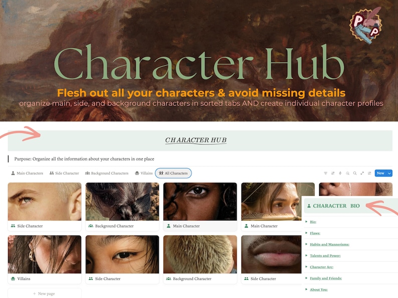 May include: A digital character organization template titled Character Hub with a header featuring a landscape painting. The interface includes tabs for main, side, and background characters, plus a character bio section with fields for bio, flaws, habits, and talents.