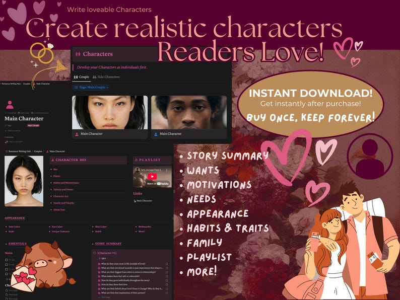 May include: A digital product for writers to create realistic characters. The image shows a computer screen with a character creation template, a playlist, and a list of character development elements. The text "Create realistic characters Readers Love!" is displayed in pink and white.