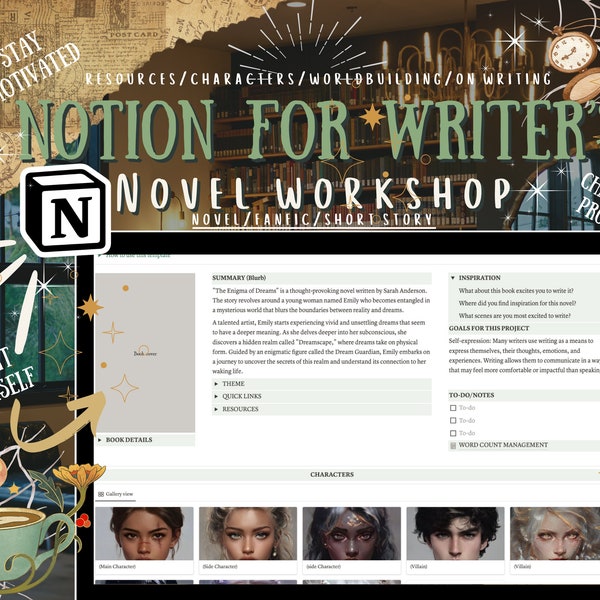 Notion template for writers, Novel Template, character profile template, novel template, writer template, and notion Fantasy template